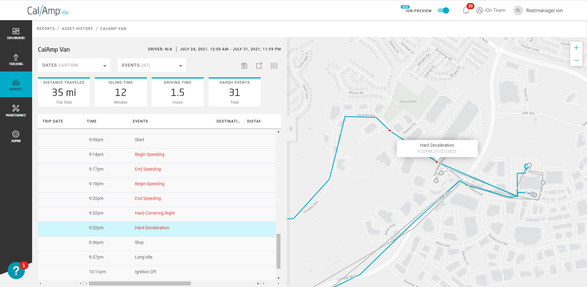 Detecting instances of harsh braking and risky driving behavior with CalAmp